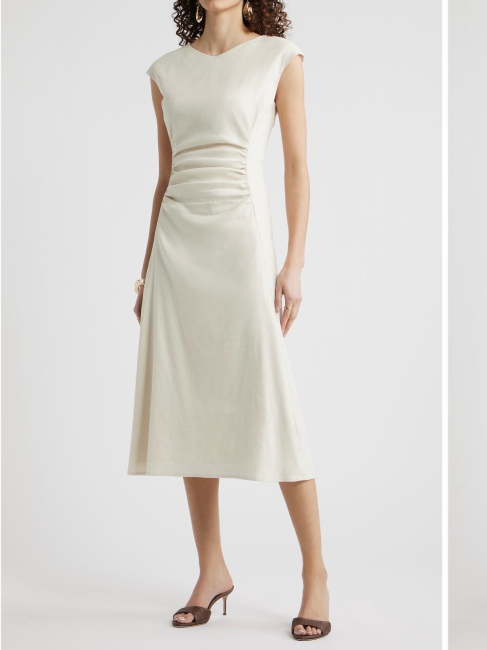 Nordstrom Cream Ruched Cap-Sleeve Midi Dress